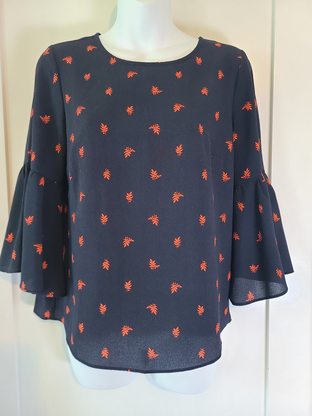 Alfred Sung Navy Blouse with Red Leaf Print and Tiered Bell Sleeves